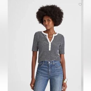 Madewell Midnight Navy Striped Elbow Sleeve Henley Knit Top S NWT